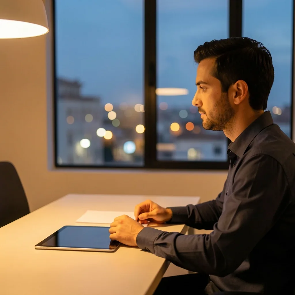 Workspace profesional al atardecer preparando prompts